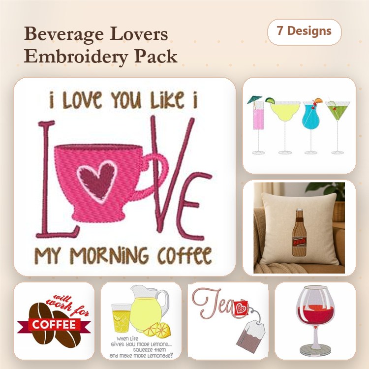 Beverage-themed Embroidery Bundle – Coffee Mug with Heart, Martini Glass, Cocktail Glass & More (7 Designs)
