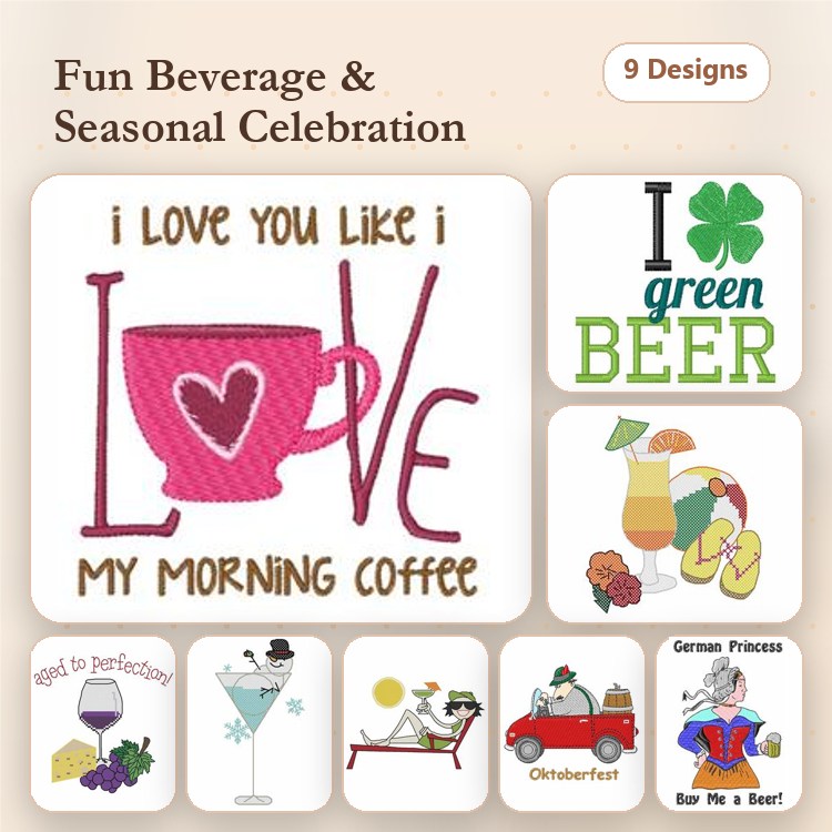 Beverage & Celebration Embroidery Designs Bundle – Morning Coffee, Green Beer, Cocktail & More (9 Designs)