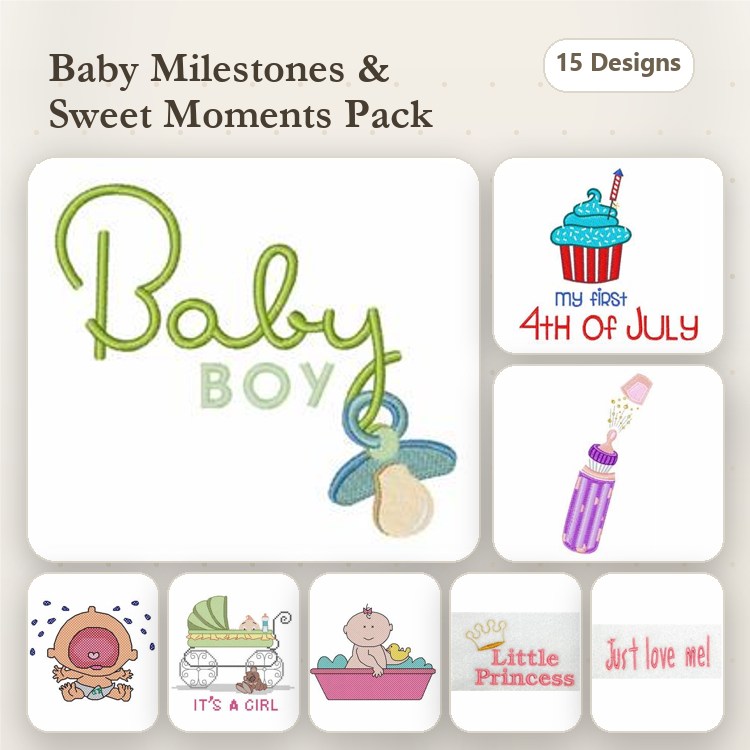Baby Milestones Embroidery Designs Bundle – Baby Boy, Cupcake, Bottle, It's a Girl & More (15 Designs)