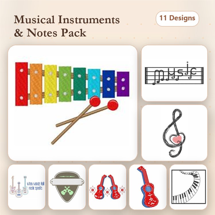 Musical Instruments Embroidery Designs Bundle – Xylophone, Treble Clef, Guitar, Microphone & More (11 Designs)