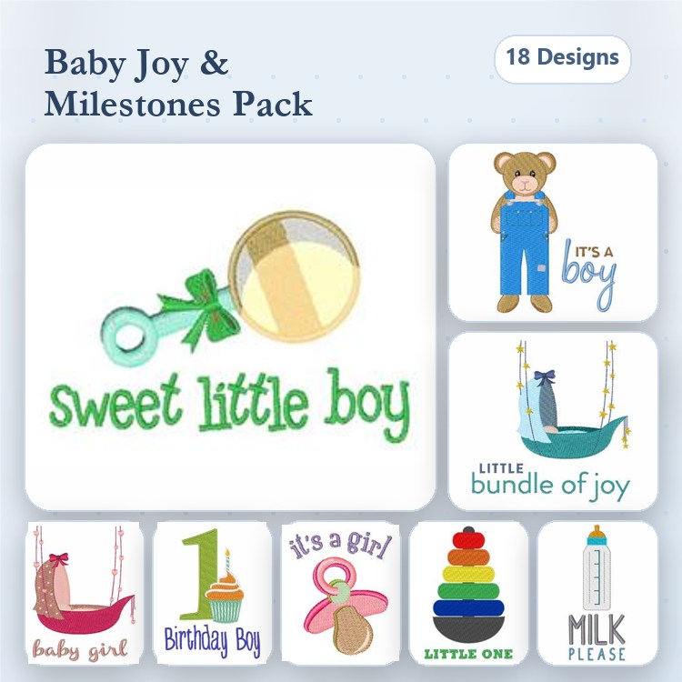 Baby Milestones Embroidery Designs Bundle – Baby Rattle, Sweet Little Boy, It's a Girl & More (18 Designs)