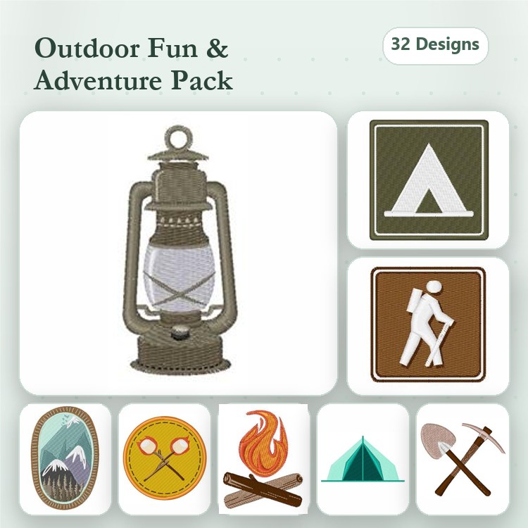 Outdoor Adventure Embroidery Designs Bundle – Lantern, Camping Tent, Hiker Icon & More (32 Designs)