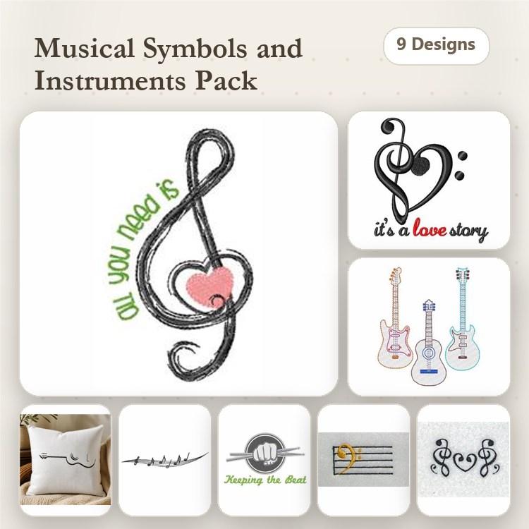 Musical Symbols & Instruments Embroidery Designs Bundle – Treble Clef with Heart, Electric Guitar, Musical Notes & More (9 Designs)