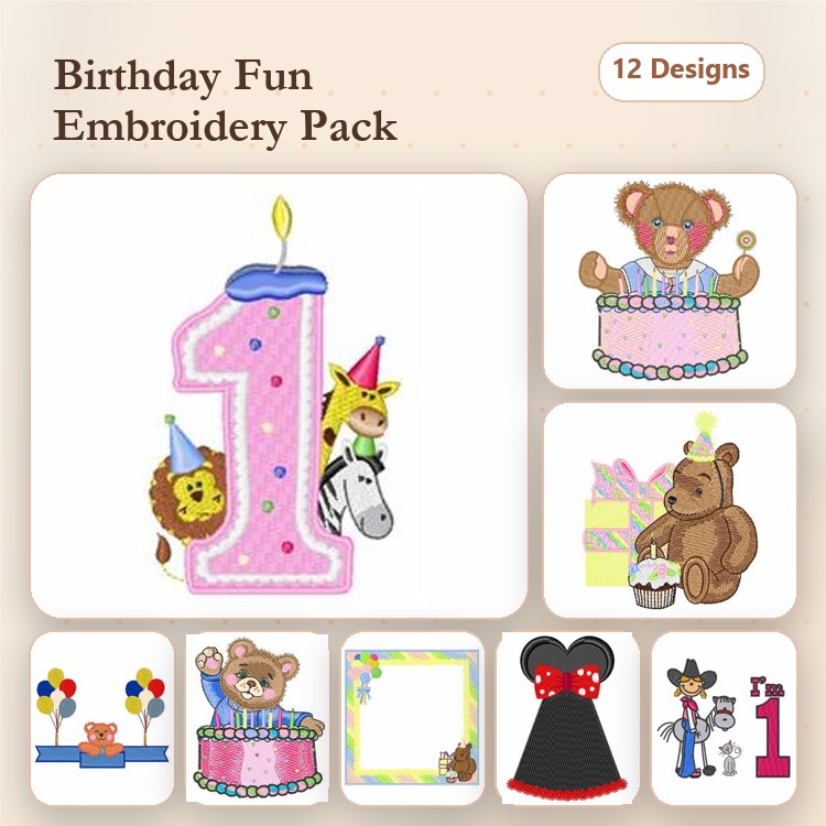 Birthday Animals Embroidery Bundle – Birthday Cake, Party Hat Lion, Colorful Balloons & More (12 Designs)
