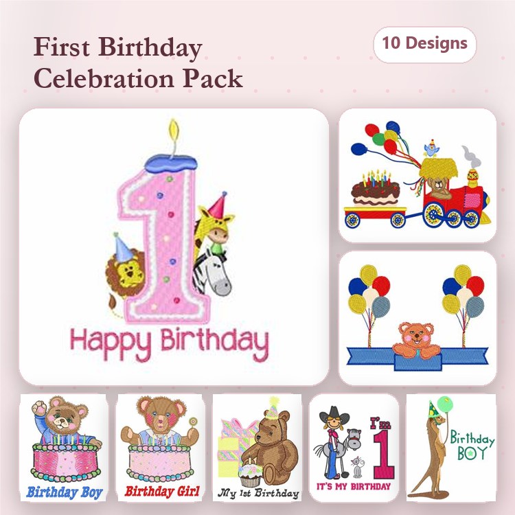 First Birthday Celebration Embroidery Designs Bundle – Happy Birthday Cake, Birthday Bear, Balloons & More (10 Designs)