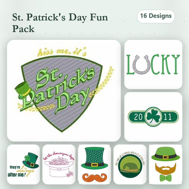 St. Patrick's Day Embroidery Designs Bundle – Lucky Horseshoe, Shamrock, Green Top Hat & More (16 Designs)