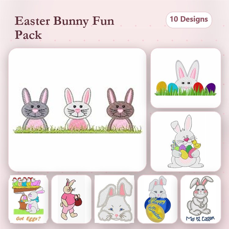 Easter Bunny Embroidery Bundle – Gray Bunny, Pink Bunny, Bunny with Basket & More (10 Designs)
