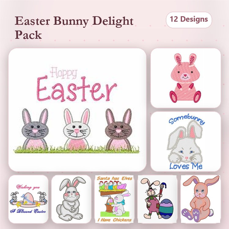 Easter Bunny Embroidery Bundle – Happy Easter with Bunnies, Some Bunny Loves Me, Bunny Holding Egg & More (12 Designs)