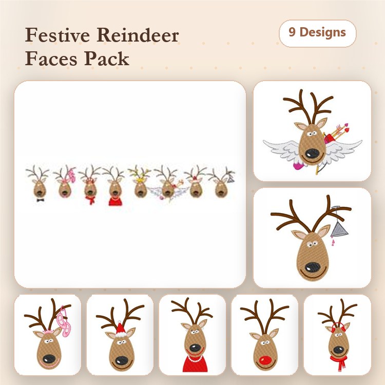 Festive Reindeer Faces Embroidery Designs Bundle – Reindeer Face with Santa Hat, Heart, Gift & More (9 Designs)