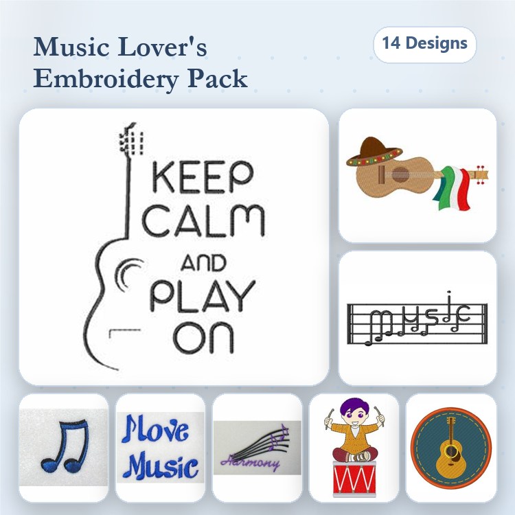 Music-Themed Embroidery Designs Bundle – Guitar, Music Note, Musician Character & More (14 Designs)