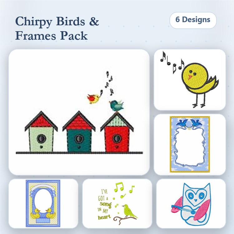 Chirpy Birds Embroidery Designs Bundle – Birdhouse Scene, Singing Bird, Decorative Frame & More (6 Designs)