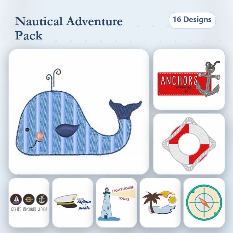 Nautical Embroidery Designs Bundle – Whale, Anchor, Lifebuoy, Lighthouse & More (16 Designs)