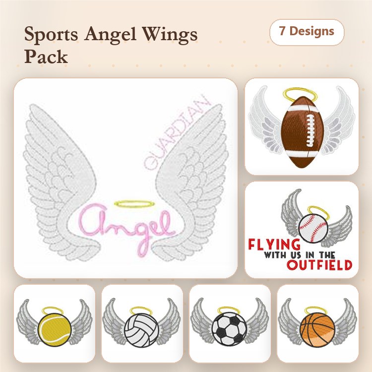 Sports-Themed Angel Wings Embroidery Designs Bundle – Angel with Wings, Football Angel Wings, Baseball Angel Wings & More (7 Designs)