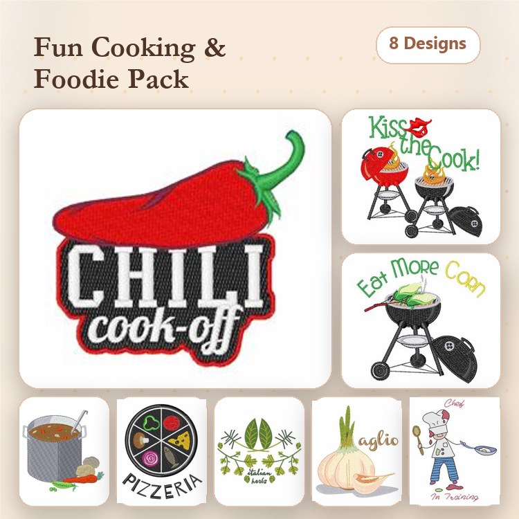 Cooking and Food Themes Embroidery Designs Bundle – Chili Cook-Off, Kiss the Cook, Pizza Slice & More (8 Designs)