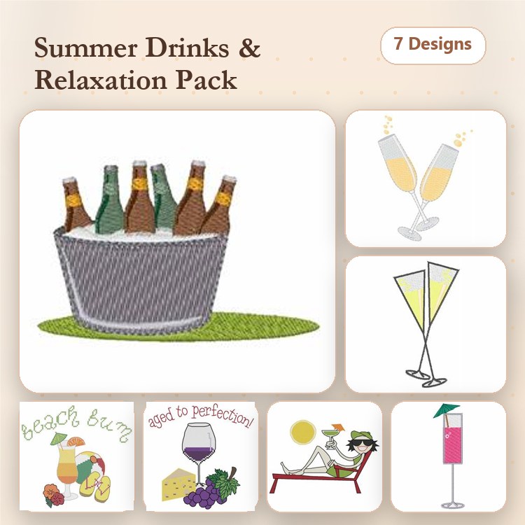 Summer Drinks Embroidery Bundle – Beer Bucket, Champagne Flutes, Tropical Drink & More (7 Designs)