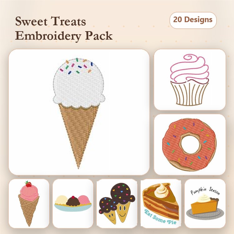 Sweet Treats Embroidery Designs Bundle – Ice Cream Cone with Sprinkles, Cupcake, Donut & More (20 Designs)