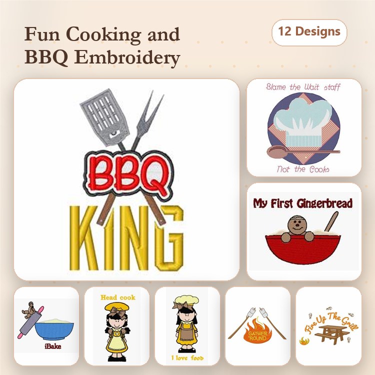 Fun Cooking and BBQ Embroidery Designs Bundle – BBQ King, Grill Spatula and Fork, Not the Cook & More (12 Designs)