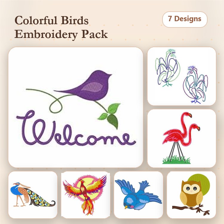Colorful Birds Embroidery Designs Bundle – Purple Bird, Flamingo, Peacock, Phoenix & More (7 Designs)