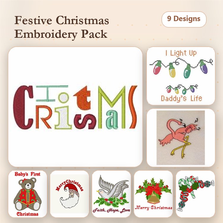 Christmas Embroidery Designs Bundle – I Light Up, Daddy's Life, Baby's First Christmas & More (9 Designs)