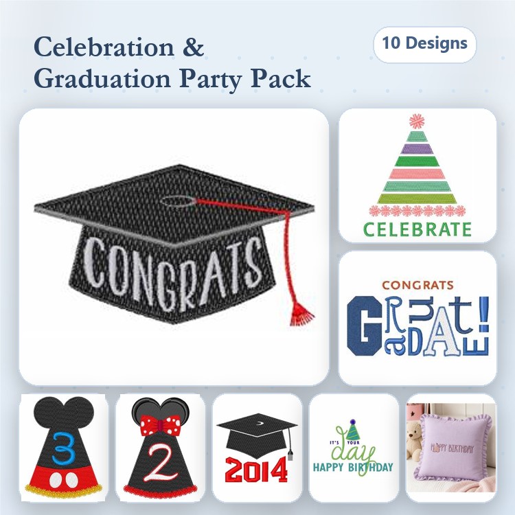 Celebration & Graduation Party Embroidery Designs Bundle – Graduation Cap with Congrats, Birthday Hat, Birthday Cake & More (10 Designs)