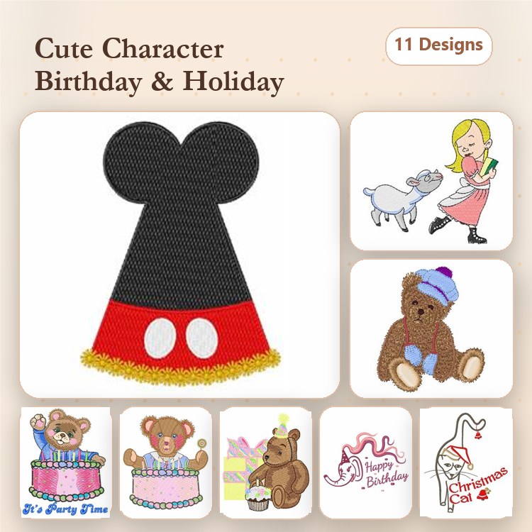 Cute Character Embroidery Designs Bundle – Mickey Mouse Hat, Birthday Bear, Christmas Bear & More (11 Designs)