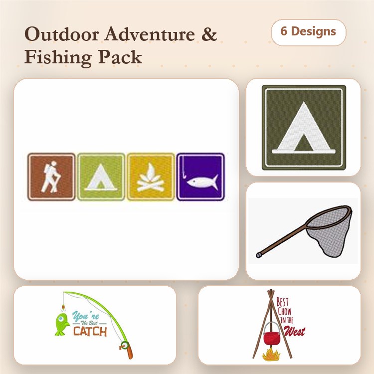 Outdoor Adventure and Fishing Embroidery Designs Bundle – Hiking Icon, Camping Tent, Campfire & More (6 Designs)