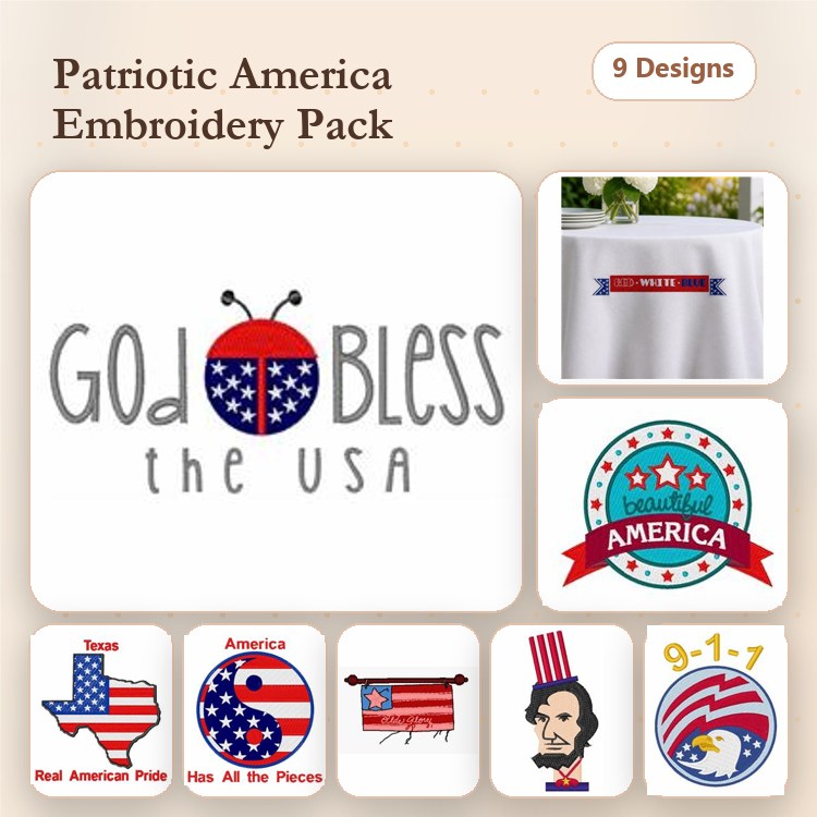 Patriotic America Embroidery Designs Bundle – God Bless the USA, Texas Flag, Uncle Sam & More (9 Designs)