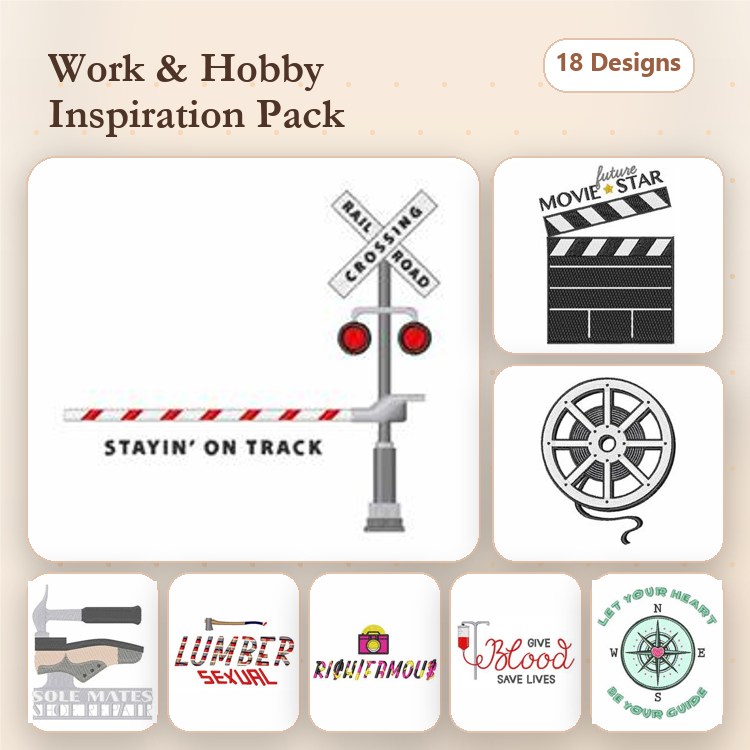Work and Hobby Embroidery Designs Bundle – Railroad Crossing Sign, Movie Clapperboard, Fishing Reel & More (18 Designs)