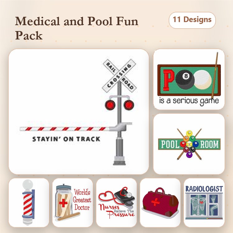 Medical & Pool Themes Embroidery Designs Bundle – Railroad Crossing Sign, Pool Table with Cue, & More (11 Designs)