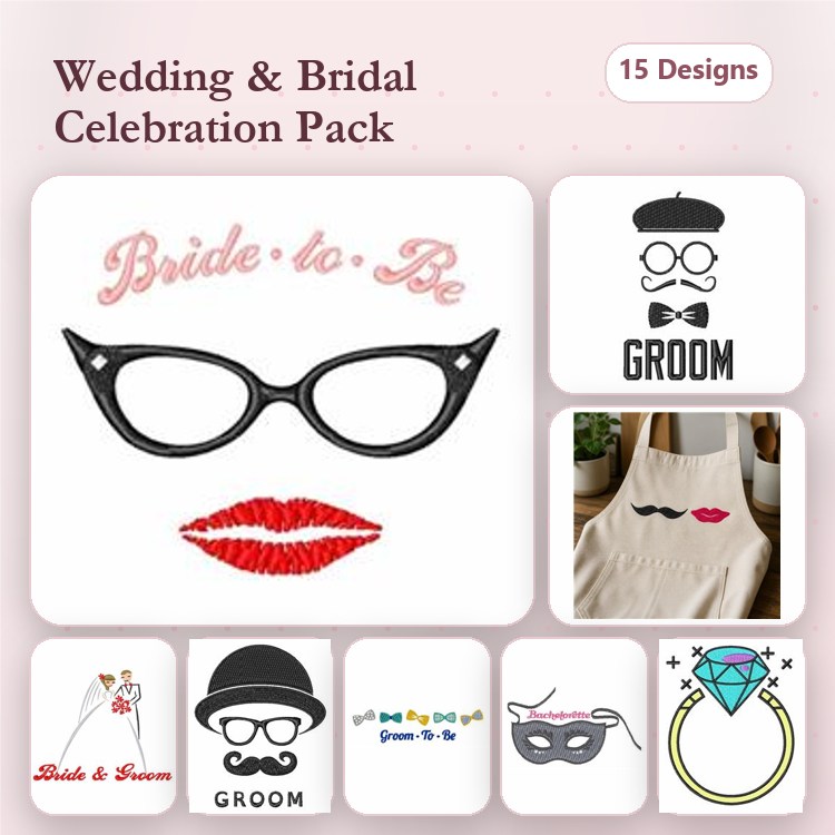 Wedding Celebration Embroidery Designs Bundle – Bride to Be Glasses, Groom Mustache, Wedding Rings & More (15 Designs)