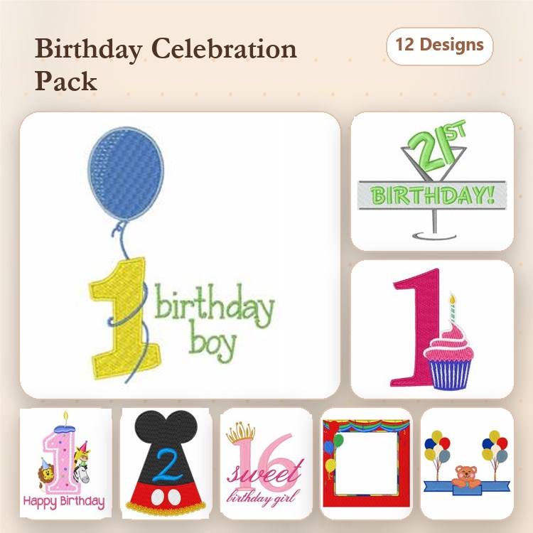 Birthday Celebration Embroidery Designs Bundle – Birthday Boy, Cupcake with Number 1, Happy Birthday & More (12 Designs)