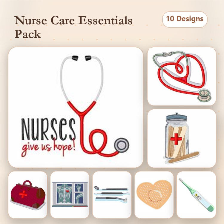 Nurse Care Embroidery Designs Bundle – Stethoscope, First Aid Kit, Syringe, Heart Shape & More (10 Designs)