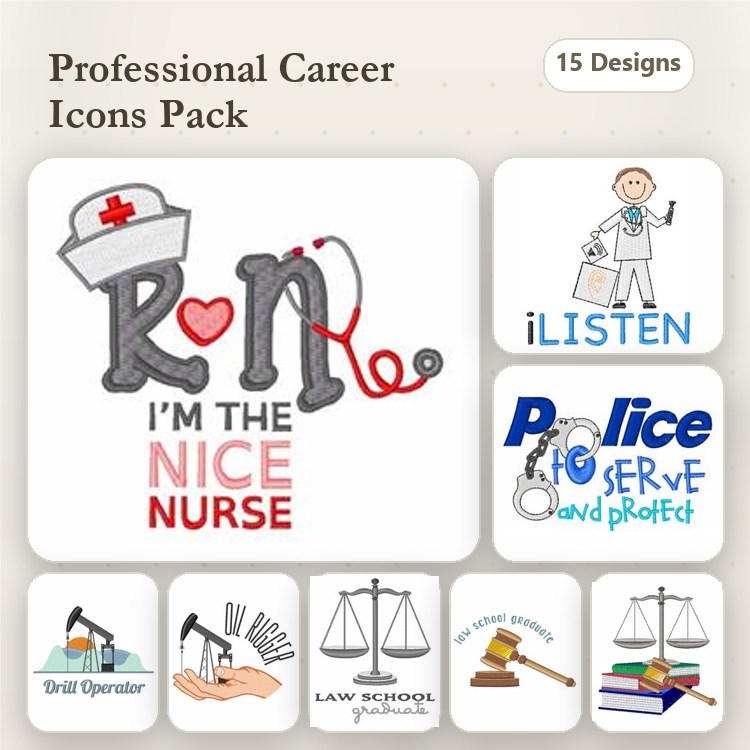 Professional Career Icons Embroidery Designs Bundle – Nice Nurse, Doctor Icon, Police Serve and Protect & More (15 Designs)