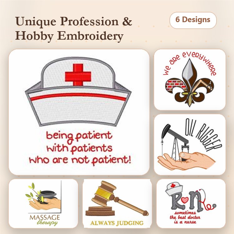 Unique Professions & Hobbies Embroidery Designs Bundle – Nurse Hat, Oil Rig, Massage Therapy & More (6 Designs)