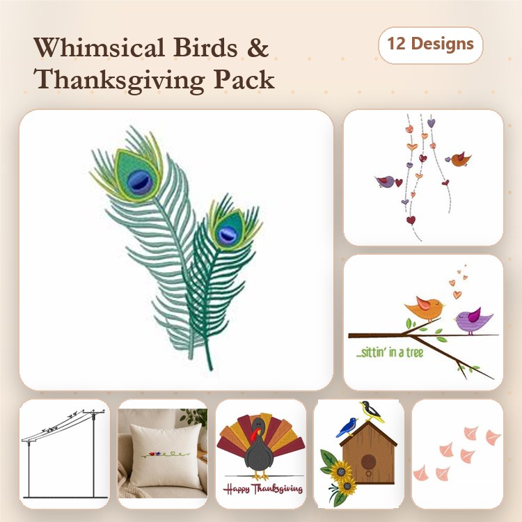 Thanksgiving Birds Embroidery Designs Bundle – Peacock Feather, Love Birds, Festive Turkey & More (12 Designs)