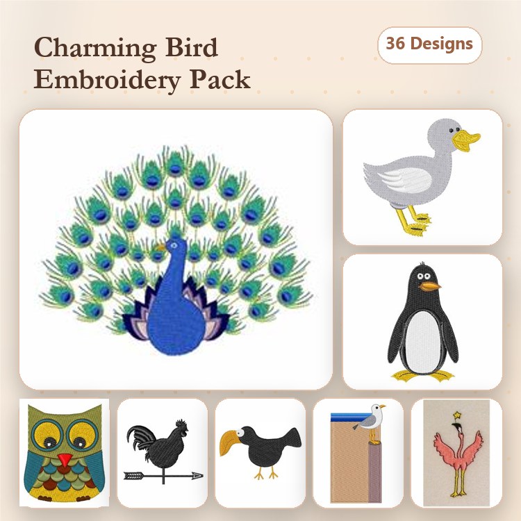 Charming Birds Embroidery Designs Bundle – Peacock, Duck, Penguin, Owl & More (36 Designs)