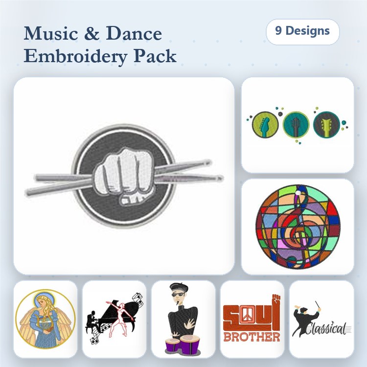 Music and Dance Embroidery Designs Bundle – Drumsticks Fist, Dancer Silhouette, Musical Notes Circle & More (9 Designs)