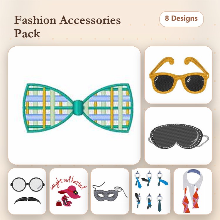 Fashion Accessories Embroidery Designs Bundle – Plaid Bow Tie, Sunglasses, Sleep Mask & More (8 Designs)