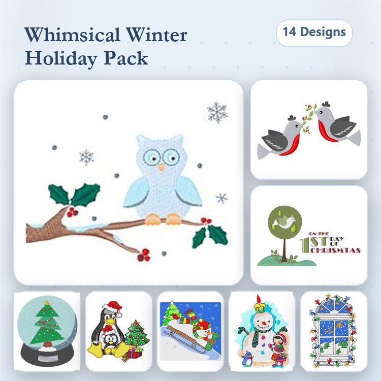 Whimsical Winter Holiday Embroidery Designs Bundle – Blue Owl, Cardinal Birds, Penguin & More (14 Designs)