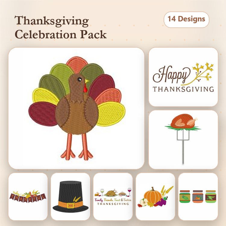 Thanksgiving Turkey & Happy Thanksgiving Text Embroidery Designs Bundle – Pie, Hat, Cornucopia & More (14 Designs)