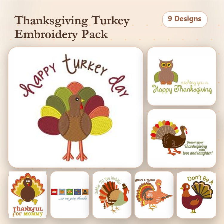 Thanksgiving Turkey Embroidery Designs Bundle – Happy Turkey Day, Thanksgiving Owl, Turkey with Pumpkin & More (9 Designs)