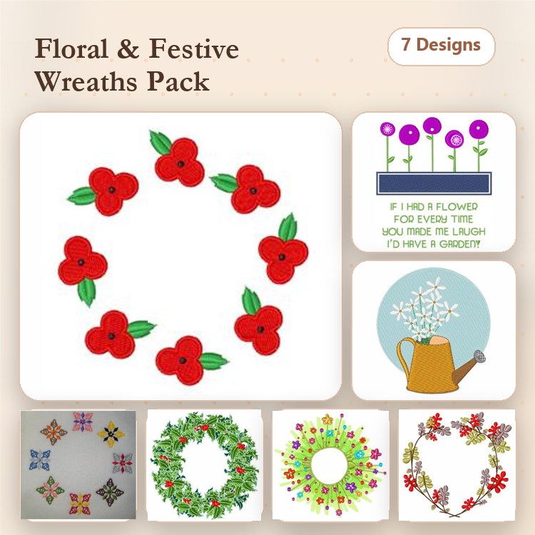 Floral Wreaths Embroidery Designs Bundle – Red Poppy Wreath, Purple Flower Wreath, Colorful Floral Wreath & More (7 Designs)
