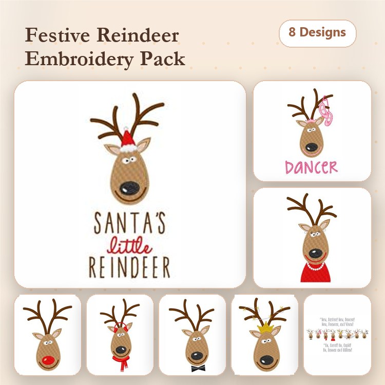 Festive Reindeer Embroidery Designs Bundle – Santa's Little Reindeer, Dancer Reindeer, Reindeer with Hat & More (8 Designs)