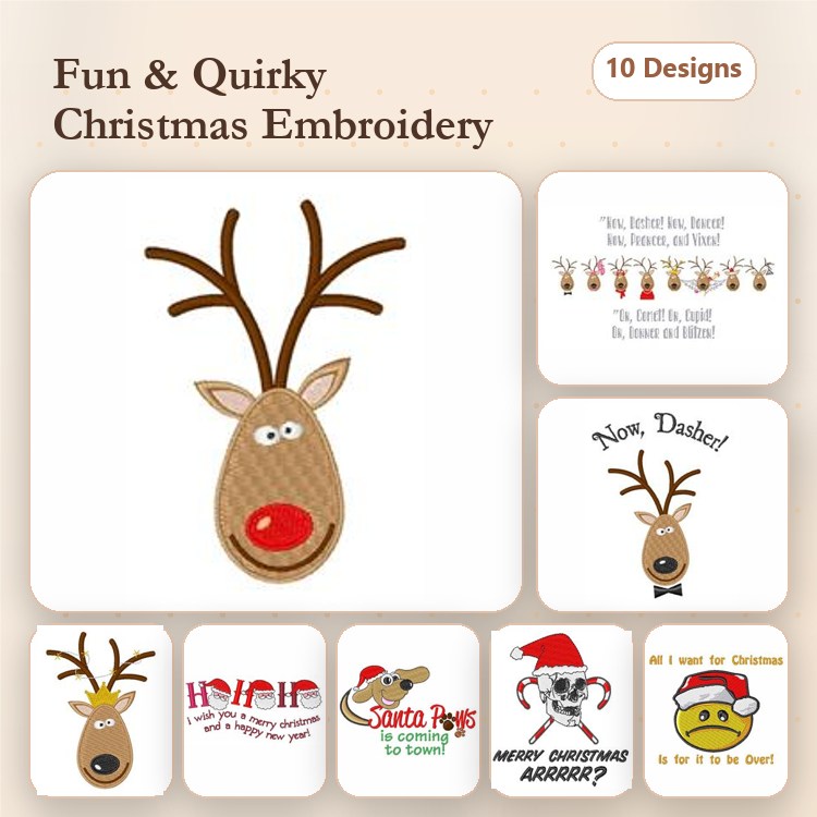 Santa Skull & Reindeer Embroidery Bundle – Holiday Characters (10 Designs)