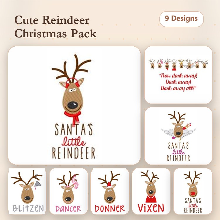 Reindeer Christmas Embroidery Bundle – Santa's Little Reindeer, Blitzen, Dancer & More (9 Designs)