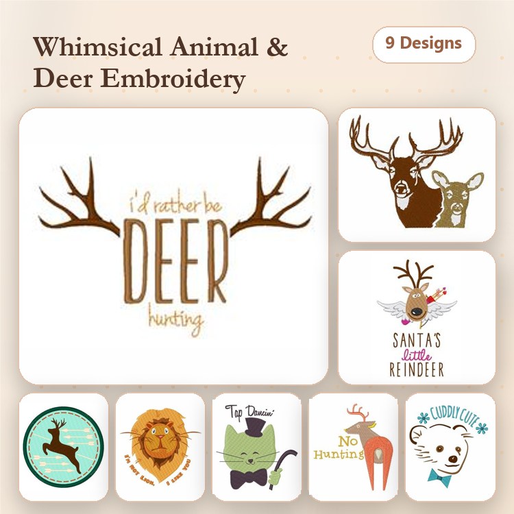 Funny Animal Embroidery Designs Bundle – I'd Rather Be Deer Hunting, Cute Reindeer, Funny Cat with Beard & More (9 Designs)
