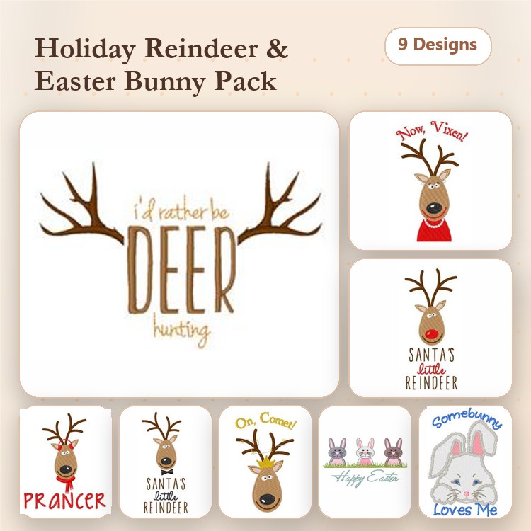 Holiday Reindeer & Easter Bunny Embroidery Designs Bundle – I'd Rather Be Deer Hunting, Santa's Reindeer, Oh, Come! & More (9 Designs)
