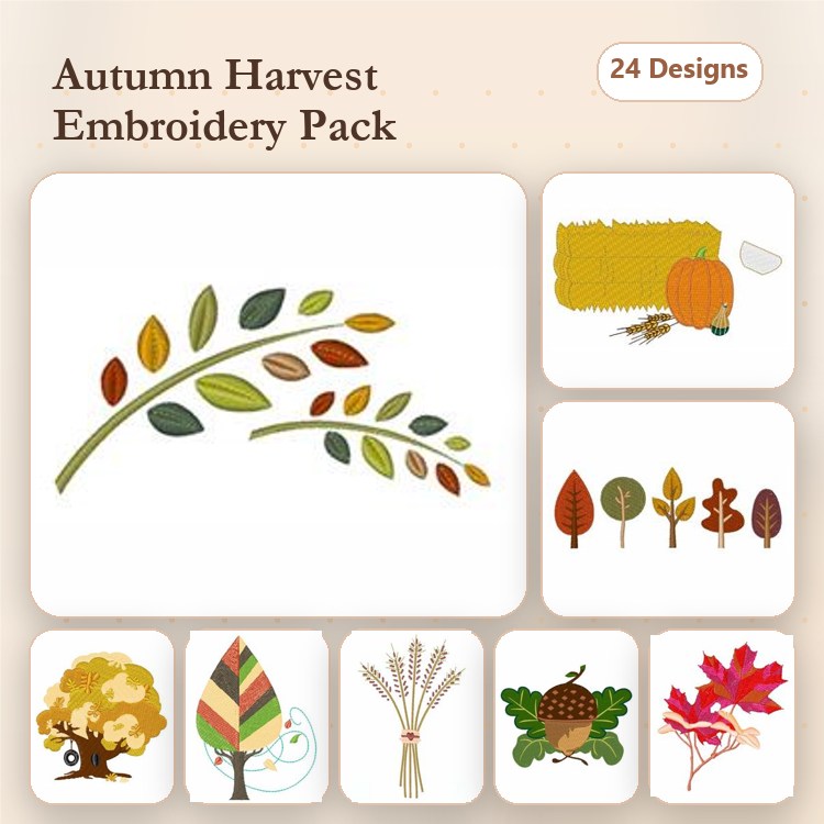 Autumn Harvest Embroidery Designs Bundle – Autumn Leaves Branch, Pumpkin with Leaves, Wheat Sheaf & More (24 Designs)