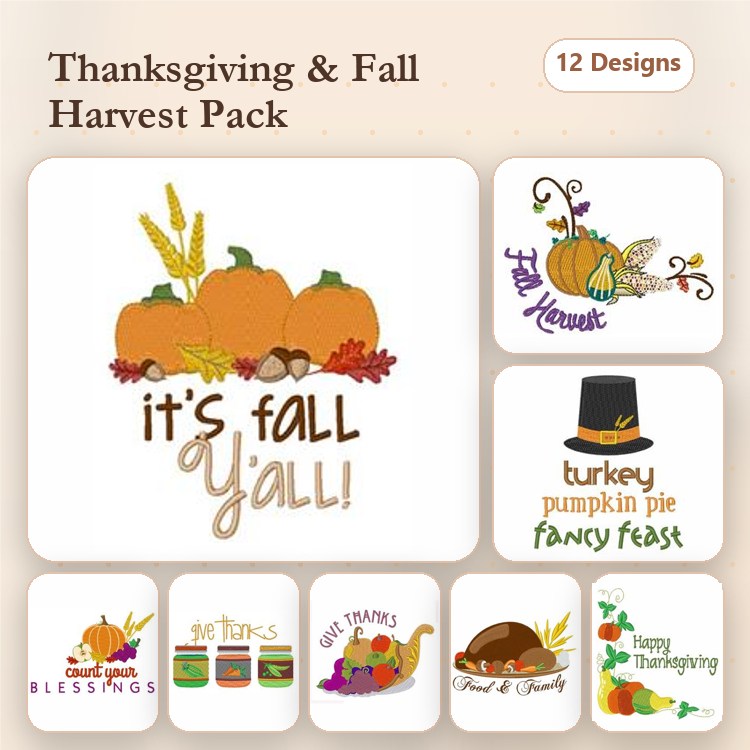 Thanksgiving and Fall Harvest Embroidery Designs Bundle – Pumpkins with Leaves, Turkey Pumpkin Pie, Grateful Blessings & More (12 Designs)