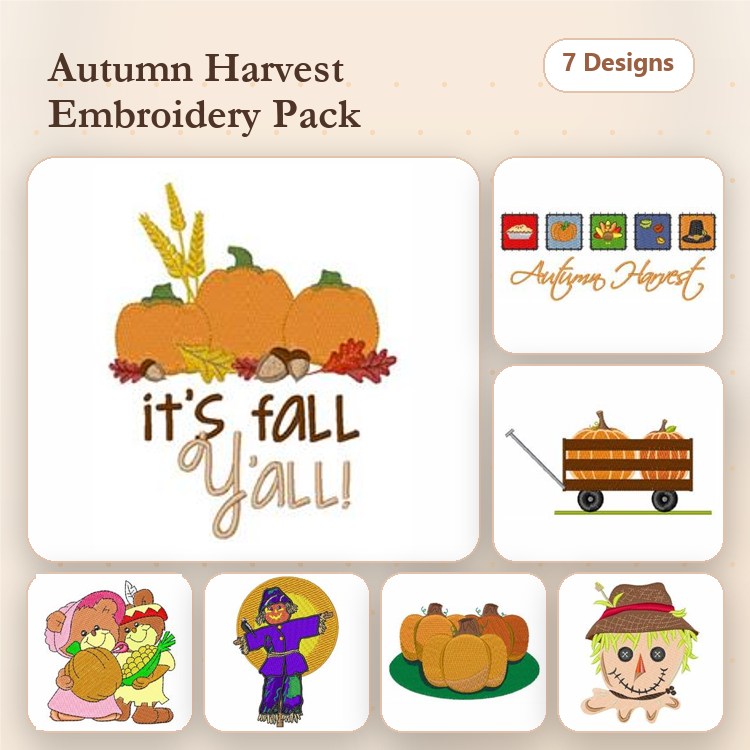 Autumn Harvest Embroidery Designs Bundle – Pumpkin Arrangement, Scarecrow, Harvesting Characters & More (7 Designs)